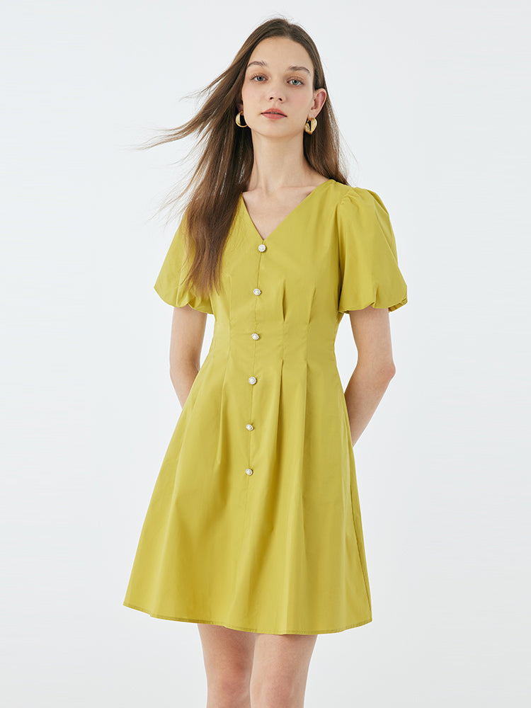 Fitted Waist & V-Neck Cotton Dress GOELIA