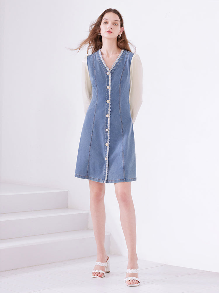 White&Blue Double-Breasted Long-Sleeve Tweed Jeans Dress GOELIA