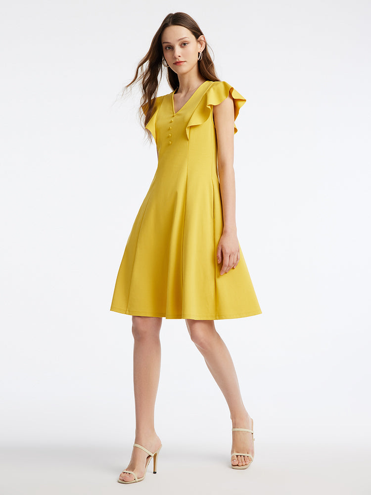 Yellow V-Neck Ruffle Sleeve Mini Dress GOELIA