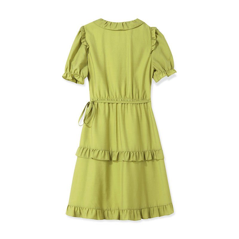 One-piece Ruffle Green V-Neck Dress GOELIA