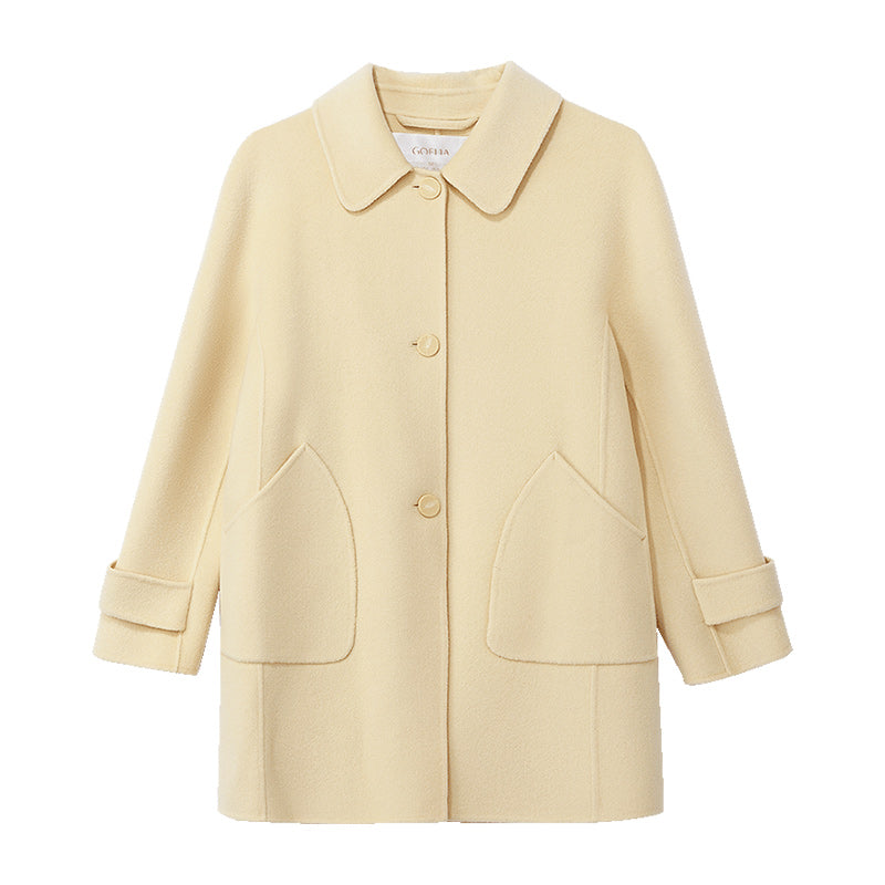 Cream Yellow Mid-length Woolen Coat GOELIA