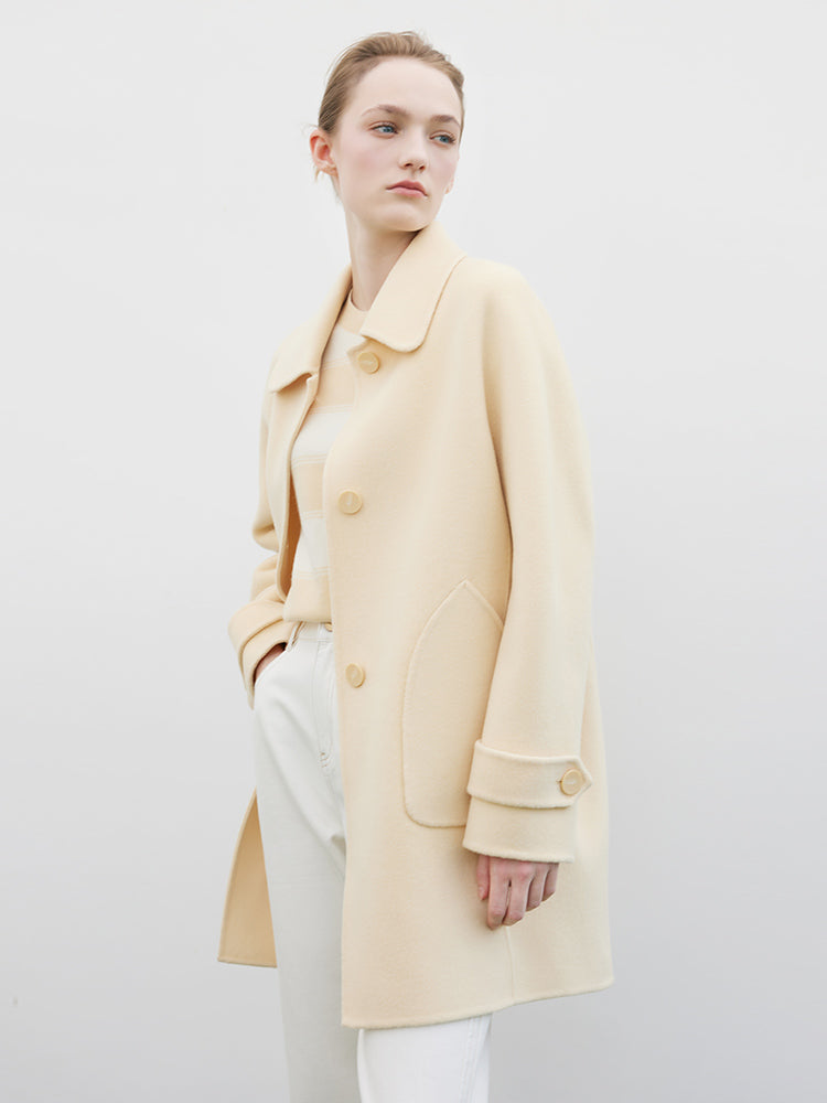 Cream Yellow Mid-length Woolen Coat GOELIA