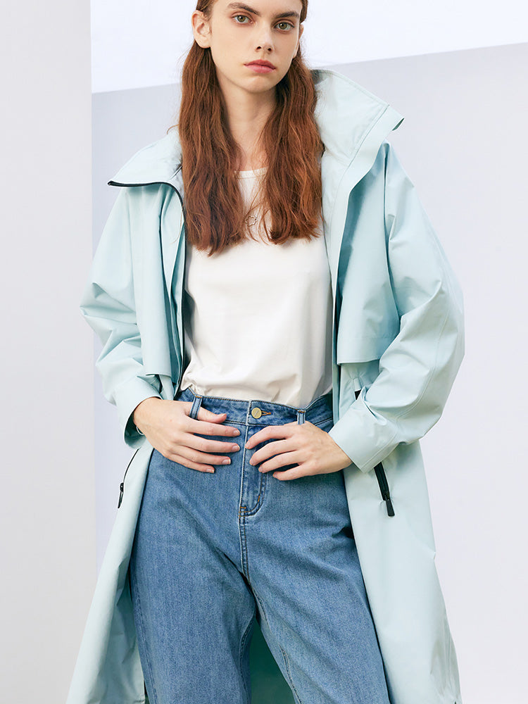 Sea Blue Hoodie Silm Trench Coat GOELIA