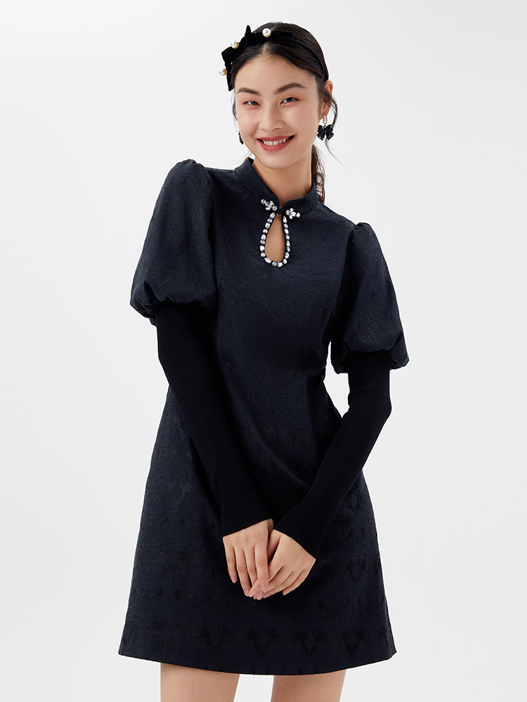 Black Jacquard Cheongsam Princess Sleeve Dress GOELIA