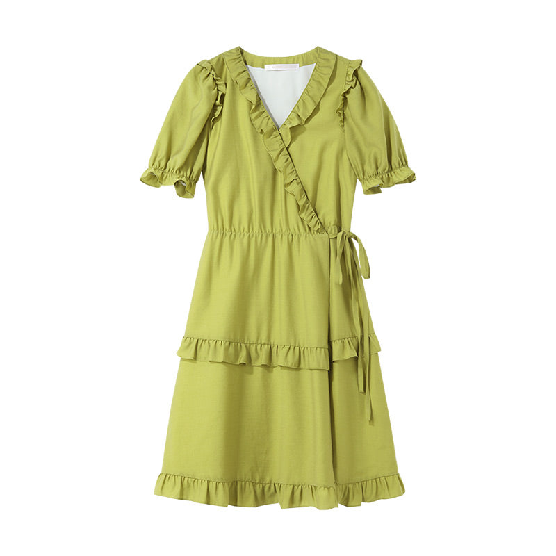 One-piece Ruffle Green V-Neck Dress GOELIA