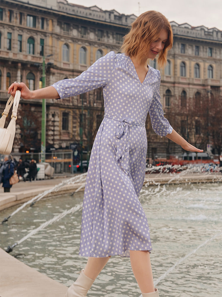 Purple Polka Dots Mulberry Silk Dress GOELIA