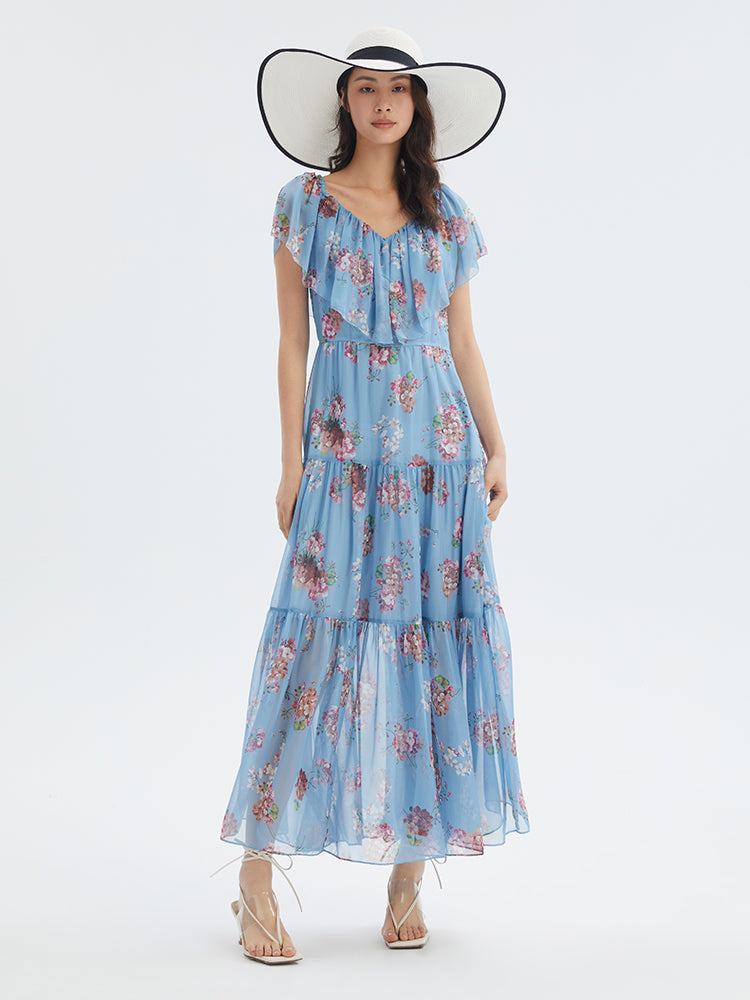 Floral Print Ruffled Collar Maxi Dress GOELIA