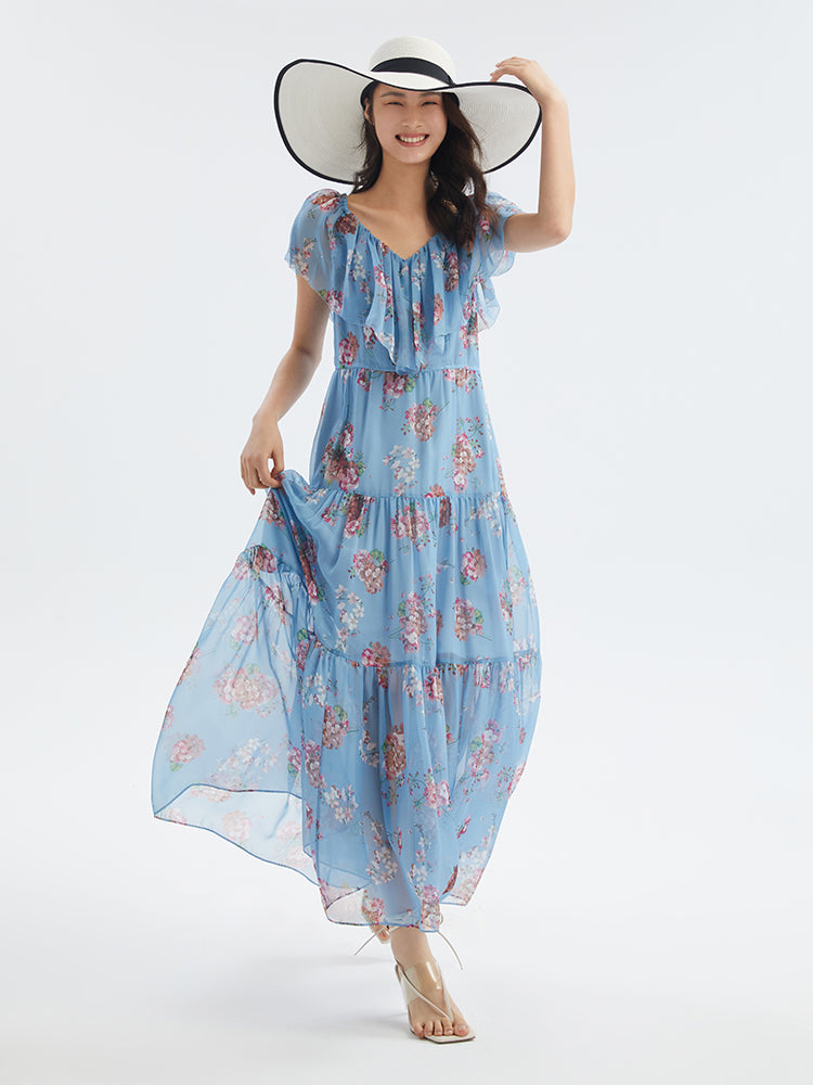 Floral Print Ruffled Collar Maxi Dress GOELIA