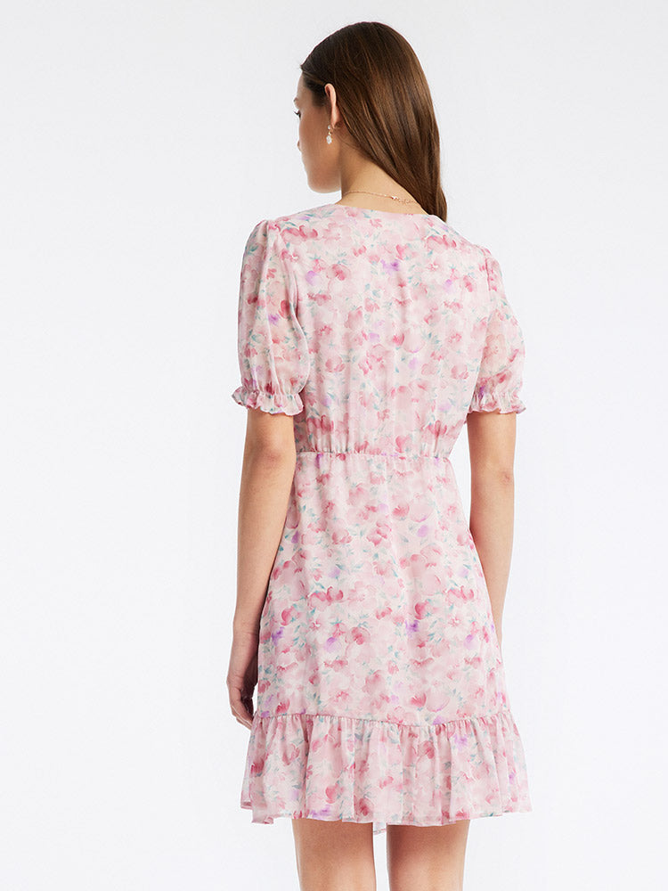 Pink Floral Short Sleeve Dress GOELIA