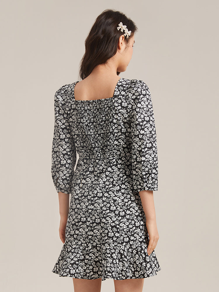 Black Floral Long-sleeve Heart-neck  Dress GOELIA