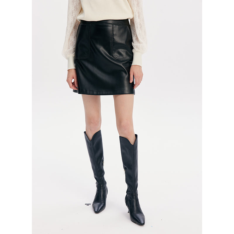 A-shape package hip leather skirt GOELIA