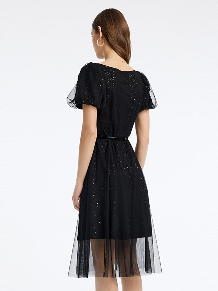 Black V-Neck Mesh Princess Sleeve Dress GOELIA