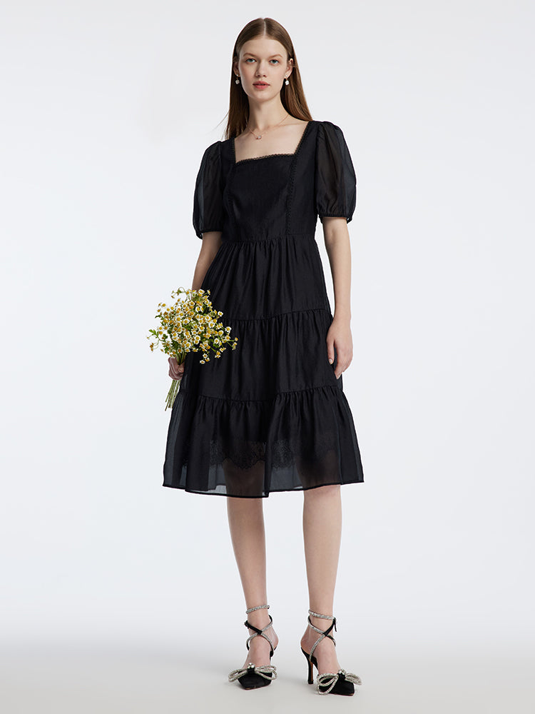 Square Neck Black Waist Dress GOELIA