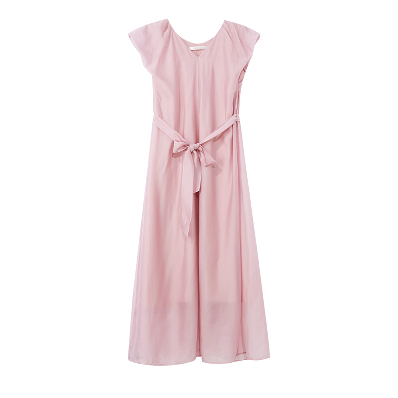 Pink V-Neck Ruffle Sleeve Mid-Calf Dress GOELIA