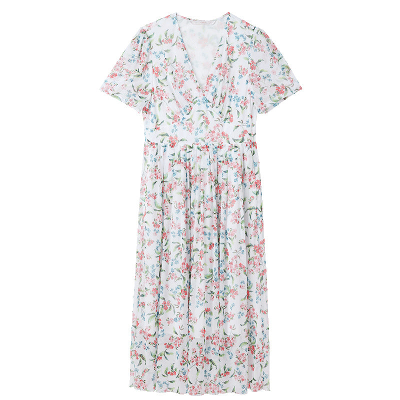 Floral Printed V-Neck Mid-Calf Dress GOELIA