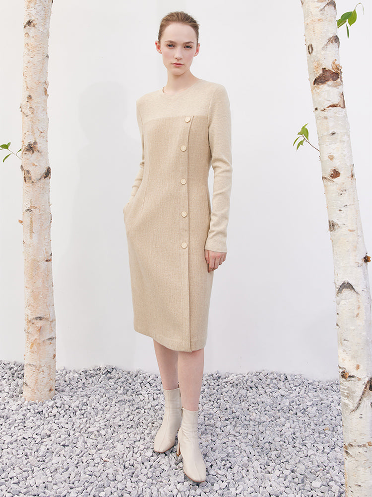 Cream Khaki Woolen Patchwork Slim Dress GOELIA